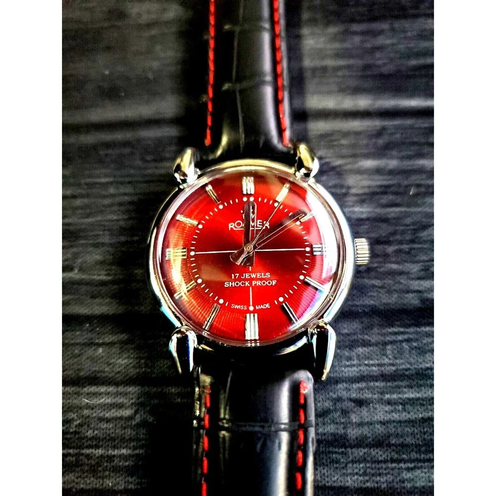 Vintage Rare‎ Roamer Brevete Swiss Mens Mechanical Watch RED Burst Serviced Runs